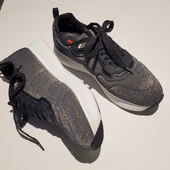 Prada Argento Lurex Metallic Quilted Platform Sneakers Size 40.5 EUC - Picture 6 of 17